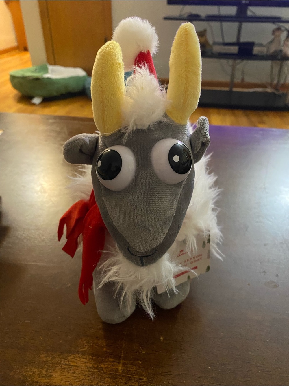 Hallmark Plush Gray Goat Holiday Toy with Yellow Horns and Red Scarf
